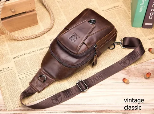 Vista 5 de BULLCAPTAIN Bolso bandolera de cuero para hombre, multibolsillo, bolso cruzado en el pecho, mochila de viaje, casual, para hombro