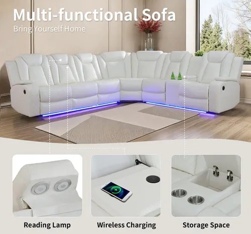 Vista 3 de Juego de sofá modular reclinable eléctrico para sala de estar, sofá modular reclinable de cuero con mesa auxiliar, soporte para tazas, consola