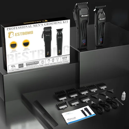 Vista 7 de BESTBOMG® Cortapelos profesional para hombres, juego de cortapelos y recortadora de peluquería profesional, cortapelos inalámbrico para hombres