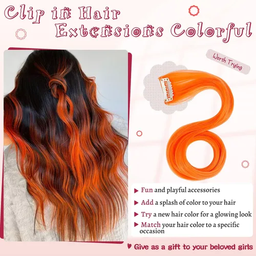 Vista 7 de Extensiones de cabello de colores, 12 piezas de 20 pulgadas, extensiones de cabello con clip de color azul T, arco iris, para fiesta, largo