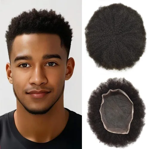 Vista 8 de Afro Toupee Full French Lace Man Weave Unidad de cabello 100% virgen humano rizado rizado unidades de repuesto para hombres negros, 8 x 10 pulgadas