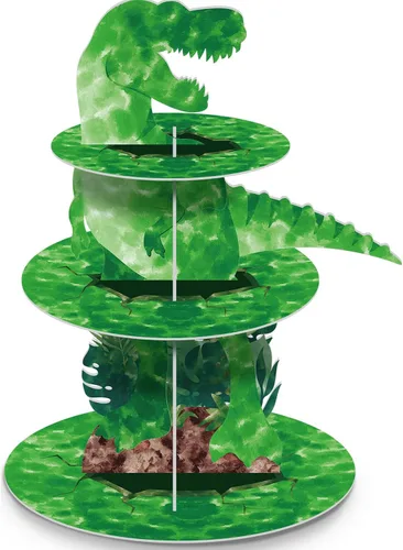 Vista 8 de Censen Soporte para cupcakes de dinosaurio de 3 niveles, decoración de fiesta con temática de dinosaurio, decoración de torre de postre
