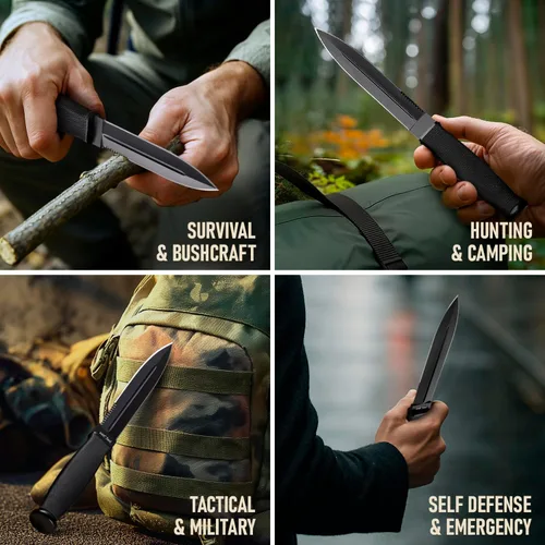 Vista 8 de Cuchillo táctico de supervivencia con funda, hoja fija de espiga completa de 6.5 pulgadas, borde dentado, cuchillo de caza con mango de goma