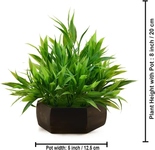 Vista 3 de Planta artificial de hojas de bambú (verde) con maceta hexagonal de madera (marrón), altura 7.9 in, plantas artificiales para decoración del hogar