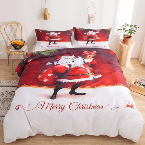 Vista 10 de Juego de ropa de cama de Navidad con funda de edredón de copos de nieve, color blanco y rojo, con estampado navideño, juego de ropa de cama festiva