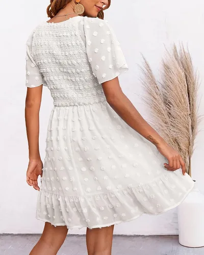Vista 5 de BTFBM - Vestido casual de manga corta con cuello en V para mujer, con lunares suizos, dobladillo con volantes, vestidos cortos de playa