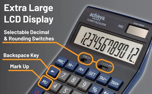 Vista 5 de Achieva Calculadora de escritorio con pantalla LCD de 12 dígitos Azul Llave de marcado, interruptores decimales y redondeadores seleccionables