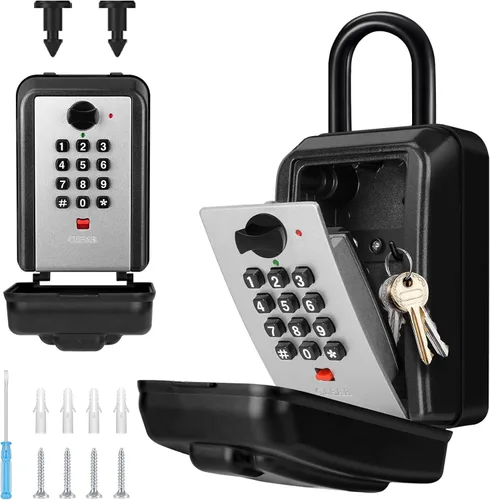 Vista 9 de Caja de bloqueo de llave con código, caja de seguridad montada en la pared para llaves con código reposable, caja de seguridad para exteriores
