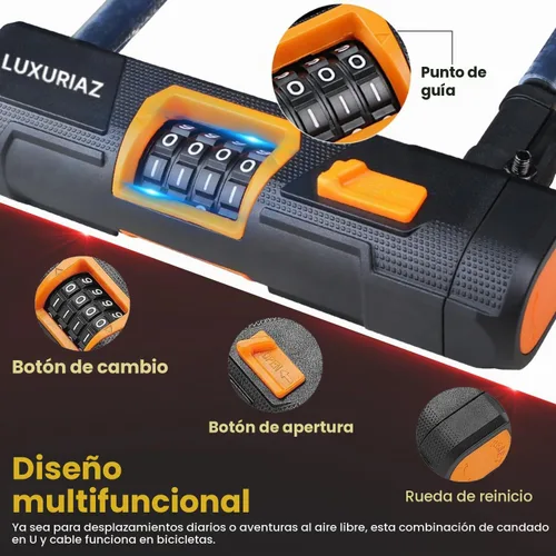 Vista 5 de Cerradura de bicicleta resistente con cable de acero de 5 pies, combinación reiniciable de 4 dígitos, bloqueo de cable duradero para protección