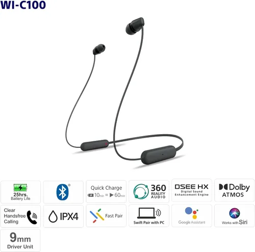 Vista 9 de Sony WI-C100 - Auriculares inalámbricos Bluetooth con micrófono integrado, color negro, (paquete de 2)