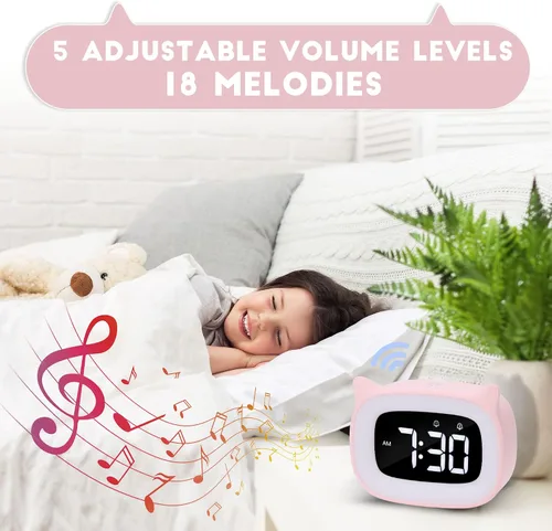 Vista 5 de Reloj despertador de gato rosa con luz nocturna para niños Small Alarm Clock, OK to Wake, Toddlers Clock, Birthday Gift for Boy Girls Children