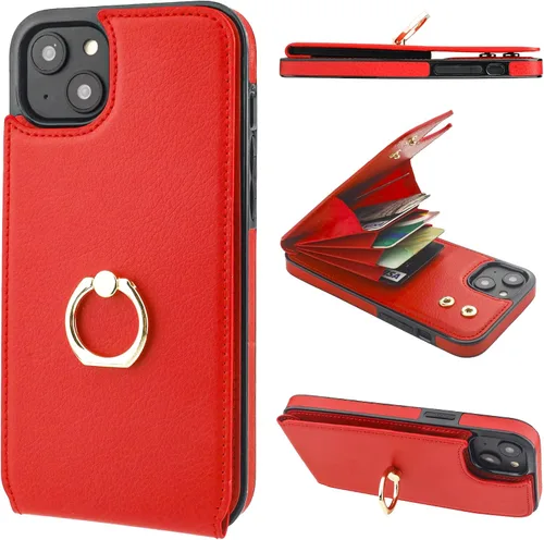 Vista 42 de Folosu Funda tipo billetera compatible con iPhone 14 con soporte para tarjetas, soporte de anillo para dedo con rotación de 360° y función atril