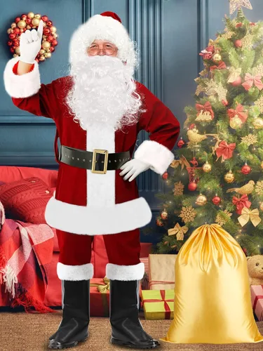 Vista 4 de Disfraz de Papá Noel para hombre, 9 piezas, traje de Papá Noel, de terciopelo de lujo, para hombres