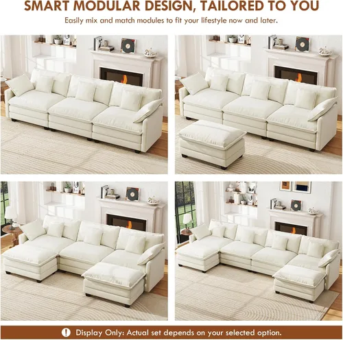Vista 5 de Sofá de nube en forma de L de 77 pulgadas, sofá modular con otomana, cómodo sofá biplaza de felpilla con almohada para sala de estar, dormitorio