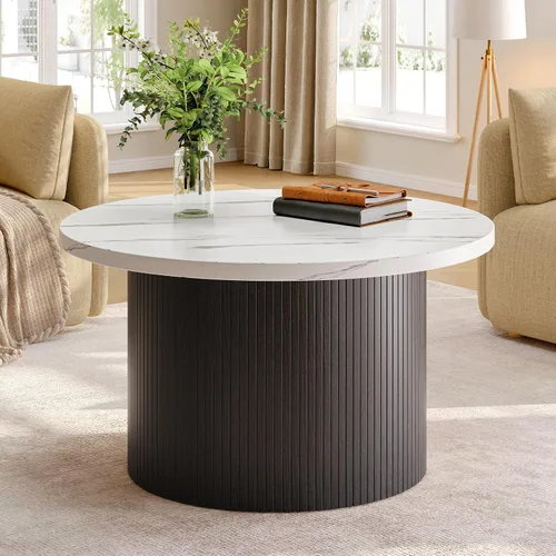 Vista 9 de ONBRILL Mesa de centro redonda de 31.5 pulgadas, mesas de centro con diseño de tambor para sala de estar, mesa de centro de madera moderna