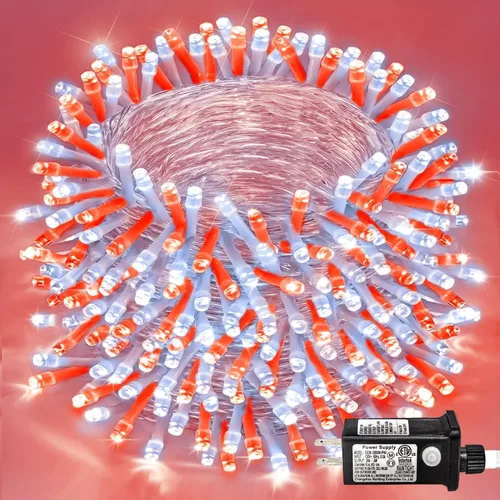 Vista 22 de Guirnalda de 120 luces LED rojas impermeables para exteriores, luces de Navidad rojas de 40 pies, 8 modos, cable transparente, guirnalda de luces