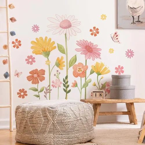 Vista 6 de Calcomanías de pared de flores bohemias, calcomanías de pared de margaritas y mariposas, PVC impermeable, autoadhesivas, arte floral, retro, se