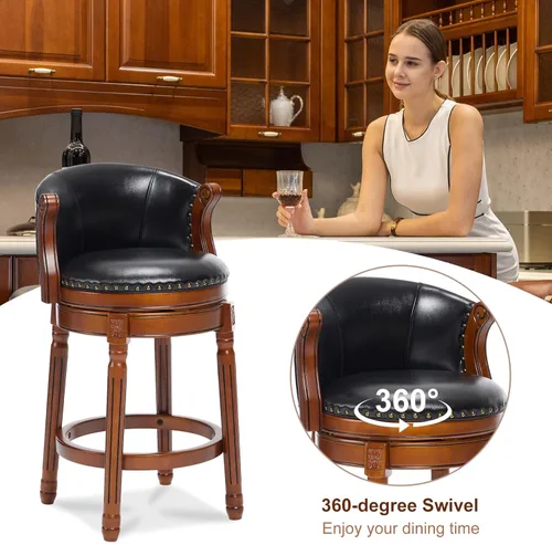 Vista 5 de CozyRain Taburetes de bar de madera de goma, taburete de bar tapizado de cuero con respaldo y reposapiés para el hogar, cocina, mostrador, comedor