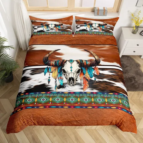 Vista 27 de Erosebridal Funda de edredón de piel de vaca marrón con estampado de vaca de las tierras altas, juego de ropa de cama occidental exótico azteca