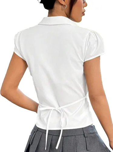 Vista 2 de SUNNOW Blusa plisada de manga corta con botones en el pecho para mujer, blusa casual