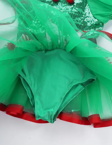 Vista 6 de Disfraz de elfo de Navidad para niñas, vestido tutú de malla con lentejuelas y pompón con sombrero para cosplay