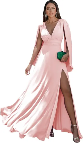 Vista 25 de Women's Long Sleeve Bridesmaid Dresses V-Neck Chiffon Ruched Formal Dress Evening Gown with Slit