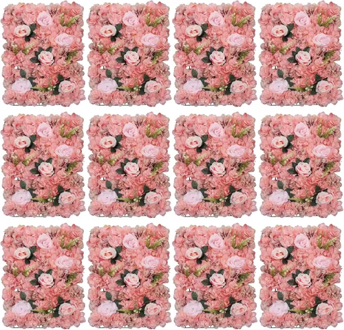 Vista 23 de Paneles de pared de flores 3D, 12 paneles de pared de flores artificiales, rosas de seda, fondo de pared de flores sintéticas decorativas