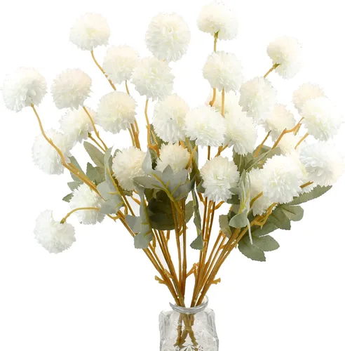 Vista 39 de Mandy's 6 tallos de seda beige Kiku flores de bola Tallos artificiales de crisantemo para decoración del hogar, verano, arreglo floral sintético