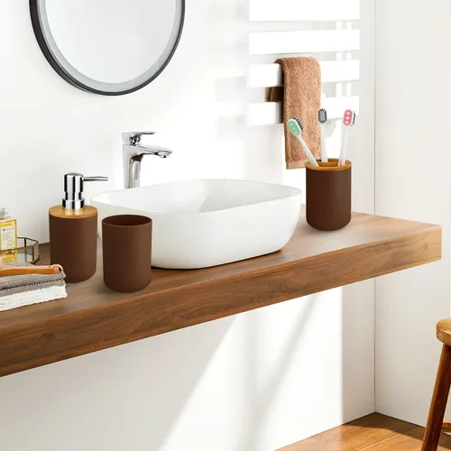 Vista 6 de Juego de 6 accesorios de baño de bambú y plástico, incluye vaso para cepillos de dientes, soporte para cepillos de dientes, dispensador de jabón