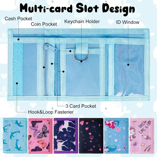 Vista 4 de Sweetude 12 carteras infantiles para niñas y niñas pequeñas con cremallera y cordón de dibujos animados de unicornio, sirena, mariposa, delfín