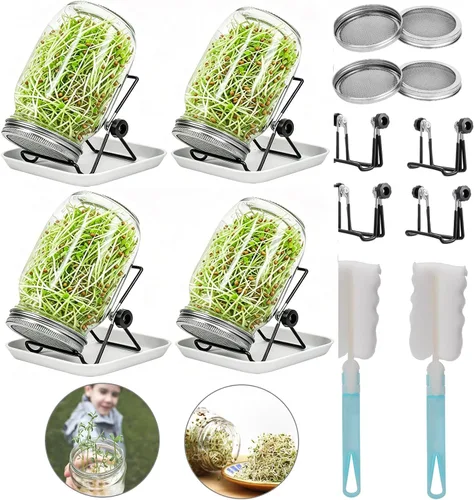 Vista 9 de Lulonpon Juego de 2 tarros para cultivar brotes, tarros de boca ancha de un cuarto de galón con tapas de germinación de pantalla de acero