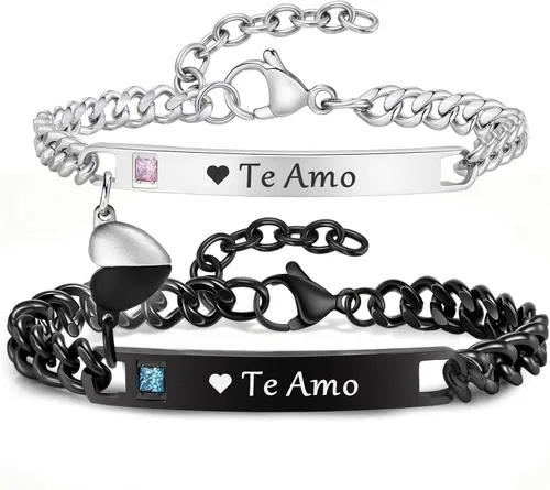 Vista 10 de MEALGUET Pulseras a juego para parejas para hombres y mujeres: juego de pulseras de cadena de eslabones cubanos de acero inoxidable para novio