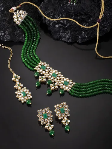 Vista 3 de Aheli Ethnic Indian Necklace Earring Maang Tikka Set Traditional Bollywood Fashion Jewelry for Women Blue