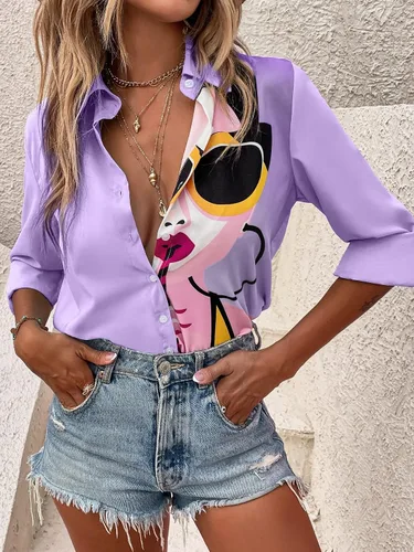Vista 3 de SHENHE Camisa de manga larga con cuello para mujer, con estampado de figuras coloridas