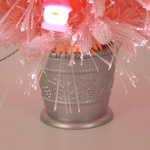 Vista 8 de Árbol de Navidad de fibra óptica rosa preiluminado, decorado con muñeco de nieve y bolas de Navidad (3 pies)