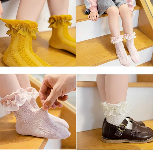 Vista 4 de 5 pares de calcetines de algodón con volantes de encaje para niñas y niños pequeños