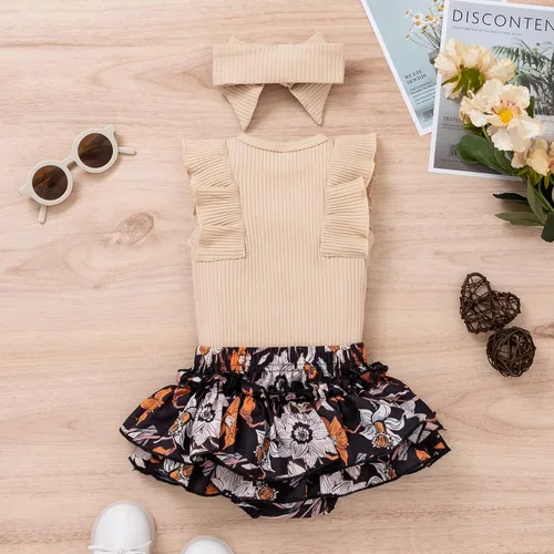 Vista 3 de Conjunto de ropa de verano para bebés recién nacidos, manga con volantes, camiseta con tirantes florales y pantalones cortos con diadema