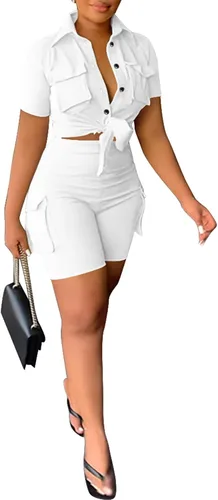 Vista 3 de Umenlele Conjunto de 2 piezas para mujer, cuello en V, manga corta, vendaje, ombliguera, conjunto de sudadera corta con bolsillo