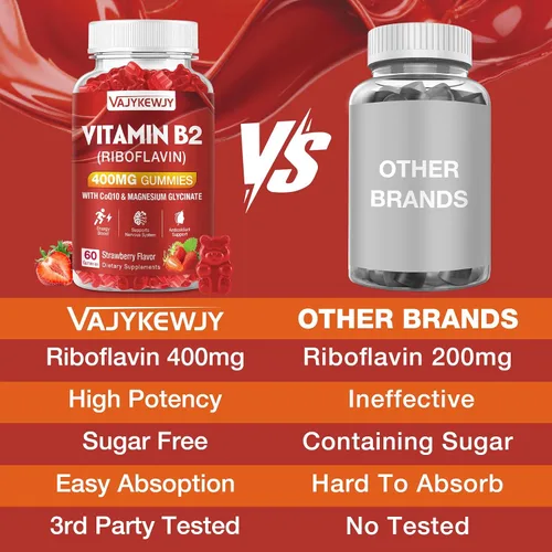 Vista 6 de Gomitas de riboflavina con vitamina B2 de 400 mg para apoyo energético y metabolismo, gomitas veganas con sabor a fresas, sin OMG, sin gluten, 120