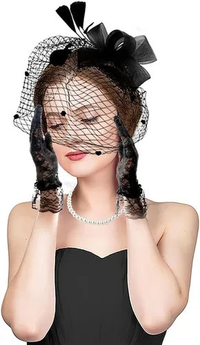 Vista 5 de 4 tocados para mujer, tocado para la cabeza, guantes de encaje, sombreros de fiesta de té para mujeres con guante, sombrero de cóctel