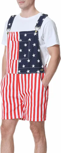 Vista 2 de Overol con estampado de bandera estadounidense para hombre, elástico, para el 4 de julio, con cremallera, con correa ajustable