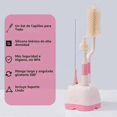 Vista 4 de Juego de cepillos de silicona 3 en 1 para botellas de bebé, limpiador multiusos de botellas, cepillo para botellas con soporte de almacenamiento