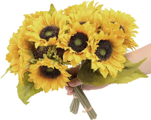 Vista 7 de 2 ramos de girasoles artificiales, ramo de 22 pulgadas con 9 girasoles de seda, flores artificiales para boda, novia, dama de honor, centro de mesa