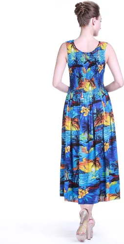 Vista 5 de Maxi vestido sin mangas hawaiano Luau Aloha a juego en azul sol