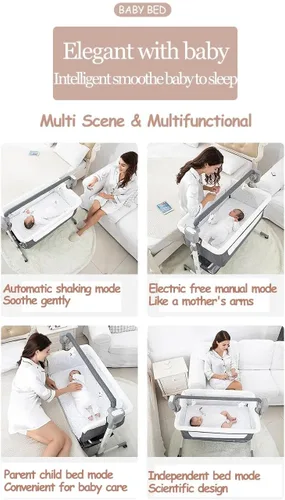 Vista 4 de Cuna inteligente mecedora automática 3 en 1 con música blanca, altura ajustable, bolsa plegable, 4 ruedas, malla transpirable, colchón (caqui)