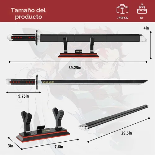Vista 4 de Demon Sword Toy Building Set, Kamado Tanjirou Katana with Scabbard, Stand