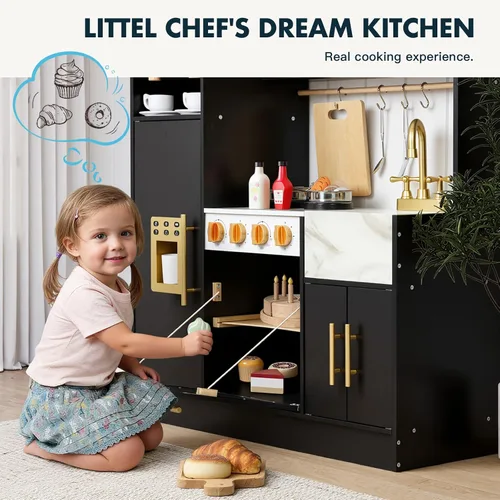 Vista 7 de Cocina de Juego para Niños, Juego de Cocina de Madera con Accesorios Realistas, Cocina de Lujo para Niños Pequeños, Campana Extractora