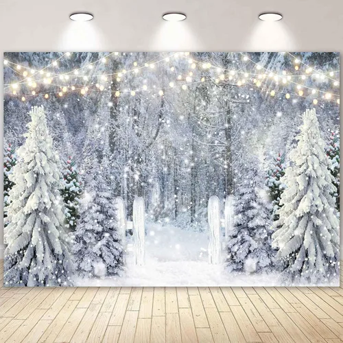 Vista 2 de Telón de fondo de poliéster de 10 x 8 pies, bosque nevado blanco para invierno, fotografía, país de las maravillas, naturaleza, árboles de Navidad