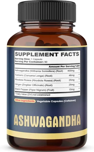 Vista 7 de Cápsula de extracto de Ashwagandha – Gran fuerza – Mezcla de jengibre 5 en 1, cúrcuma, Rhodiola Rosea y pimienta negra – 90 cápsulas durante 3 meses