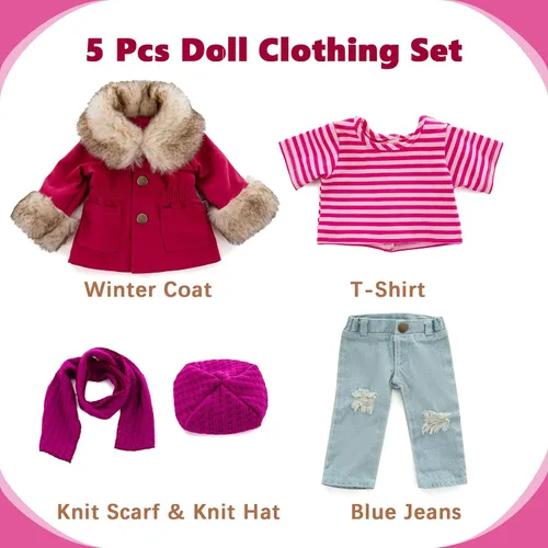 Vista 2 de Rakki Dolli American - Conjunto de ropa para muñeca de 18 pulgadas, set de moda de 5 piezas de abrigo rojo de invierno incluye abrigo cálido